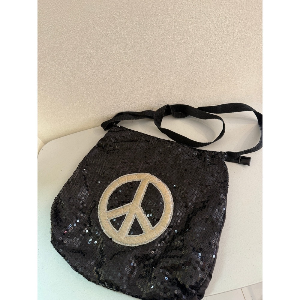 Y2K deb & dave LA NY Black Sequin Peace Sign Crossbody Bag Adjustable Strap